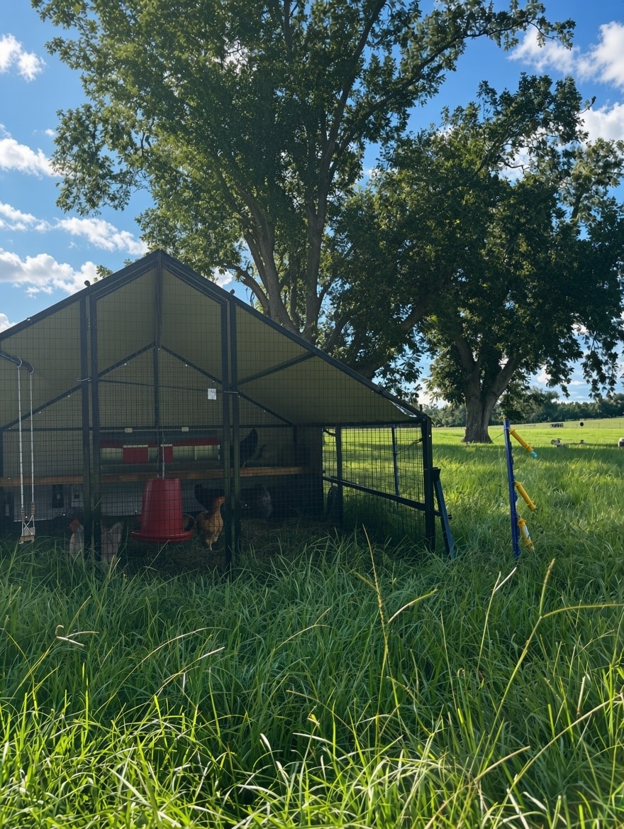 Mobile chicken coop with hens in lush green pasture