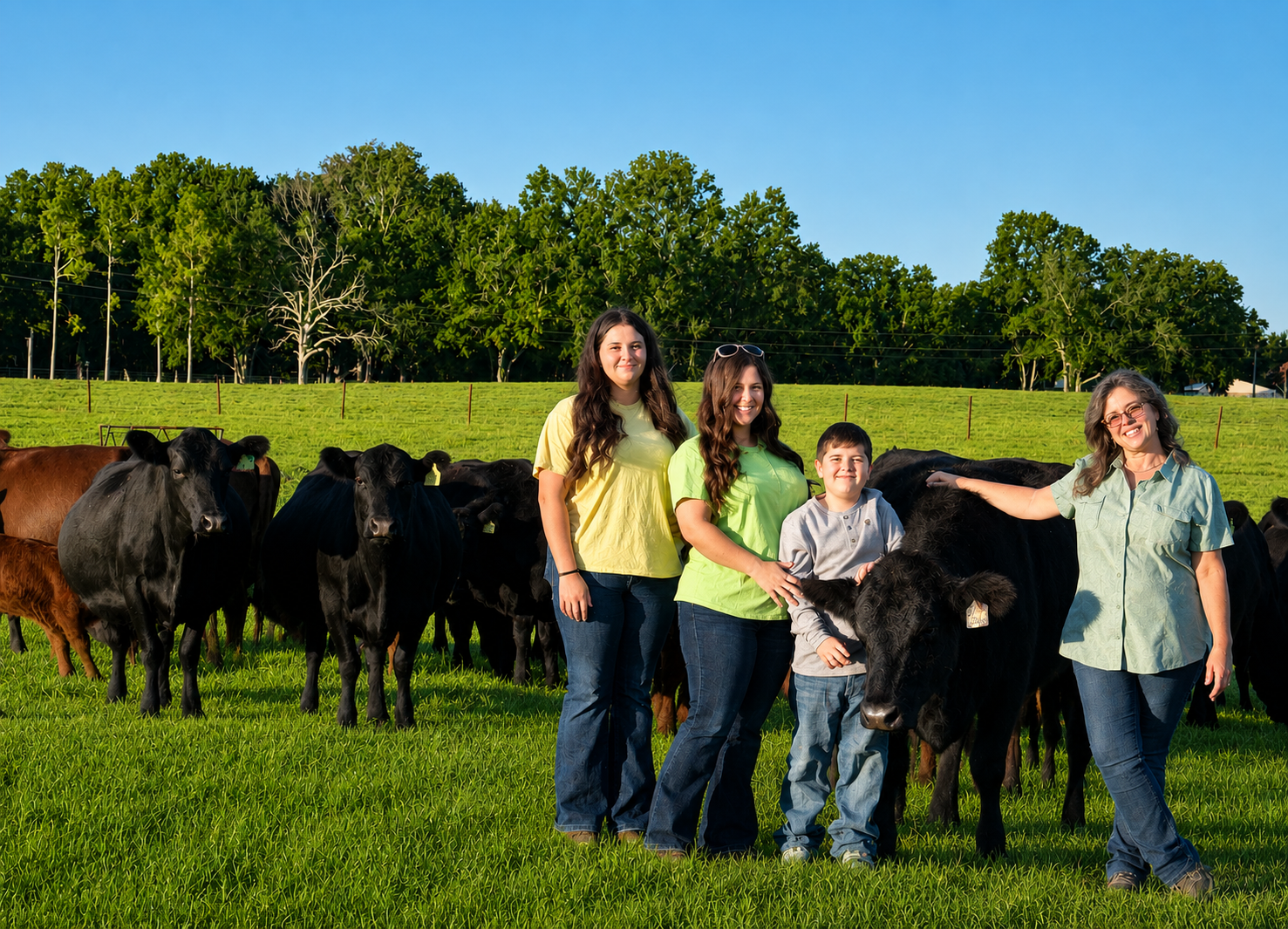Sampson family posing with cattle in the pasture